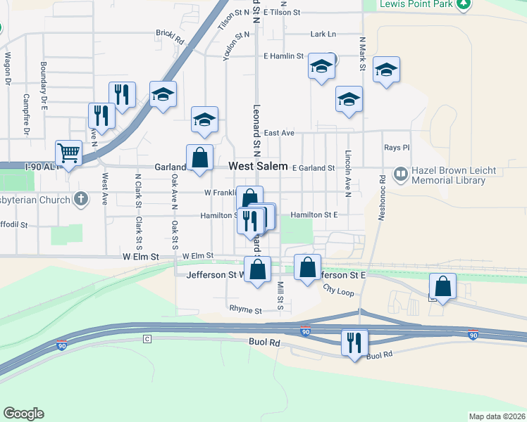 map of restaurants, bars, coffee shops, grocery stores, and more near 114 Leonard Street North in West Salem