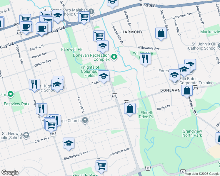 map of restaurants, bars, coffee shops, grocery stores, and more near 426 Okanagan Path in Oshawa