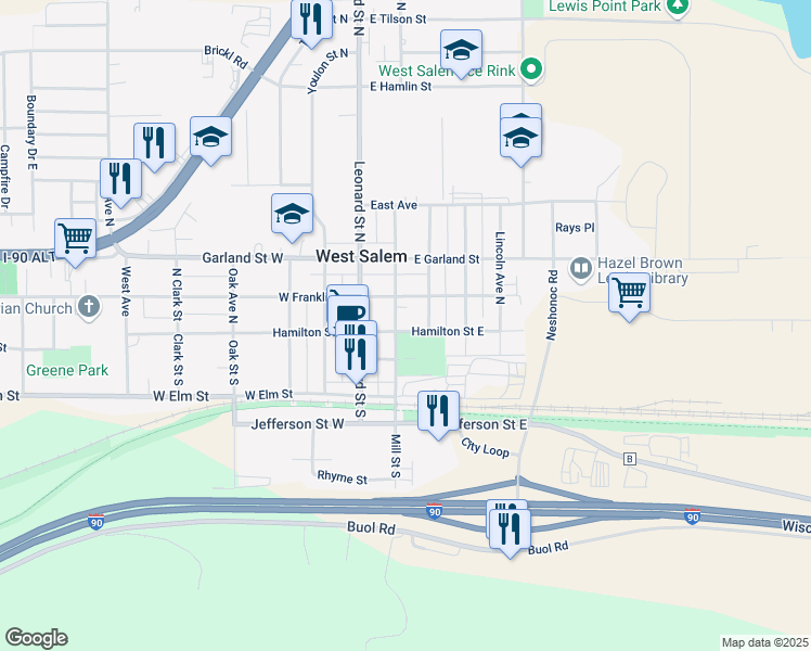 map of restaurants, bars, coffee shops, grocery stores, and more near 125 Mill Street North in West Salem