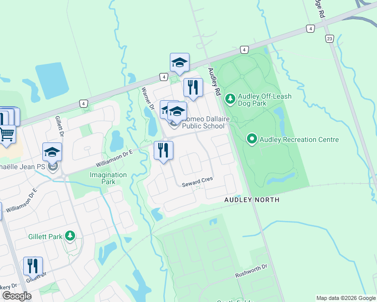 map of restaurants, bars, coffee shops, grocery stores, and more near 20 Brandwood Square in Ajax