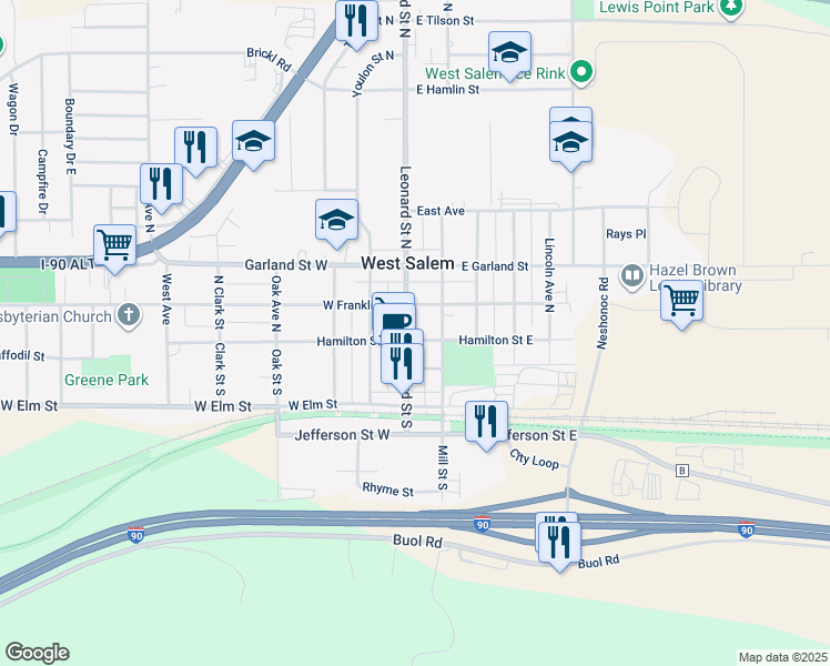 map of restaurants, bars, coffee shops, grocery stores, and more near 103 Leonard Street North in West Salem