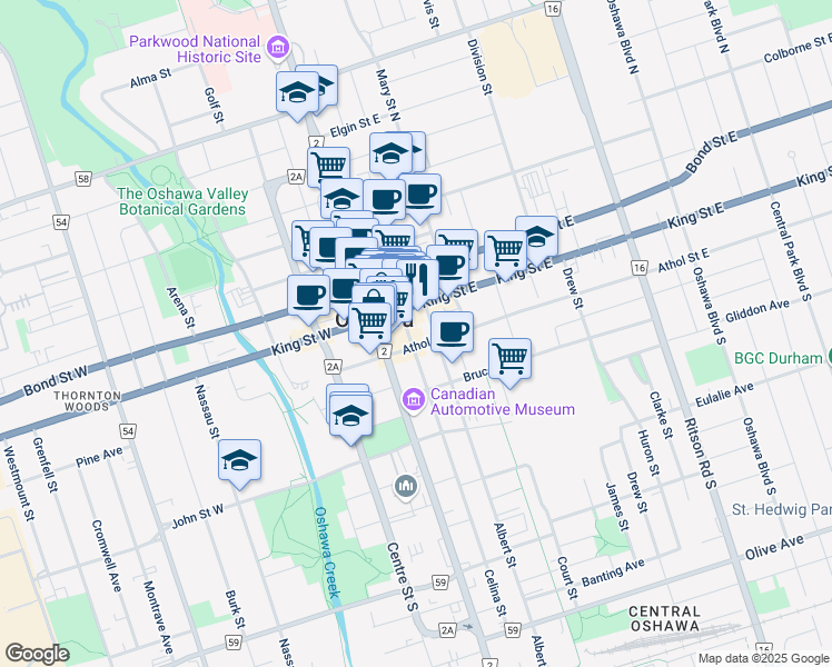 map of restaurants, bars, coffee shops, grocery stores, and more near 17 King Street East in Oshawa