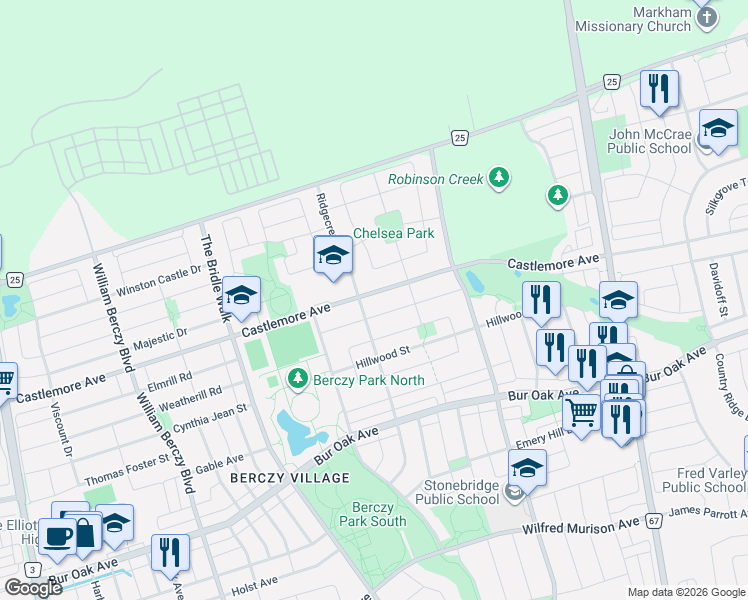 map of restaurants, bars, coffee shops, grocery stores, and more near 307 Castlemore Avenue in Markham