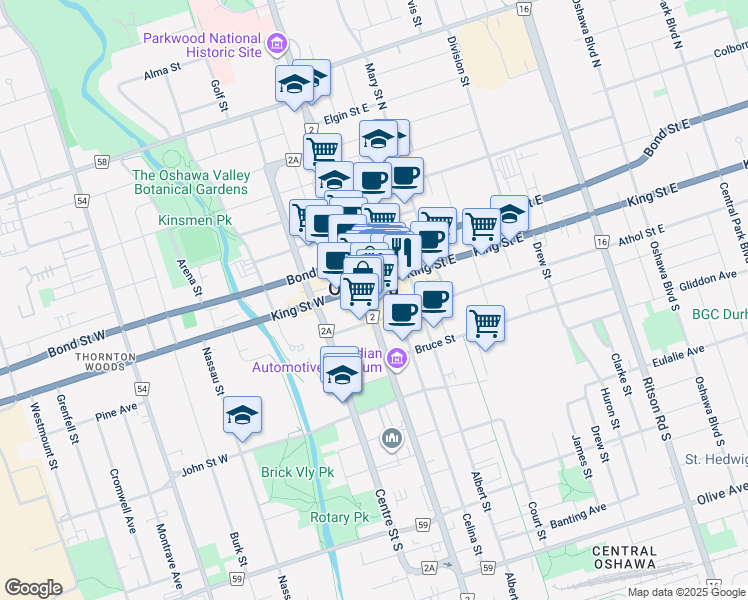 map of restaurants, bars, coffee shops, grocery stores, and more near 15 Simcoe Street South in Oshawa
