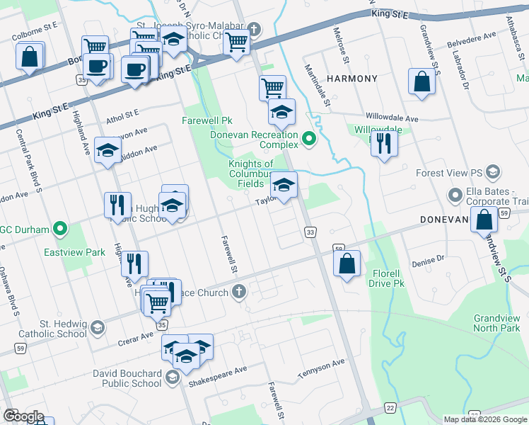 map of restaurants, bars, coffee shops, grocery stores, and more near in Oshawa