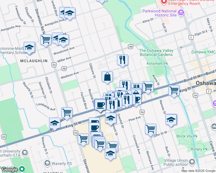 map of restaurants, bars, coffee shops, grocery stores, and more near 100 Rideau Street in Oshawa