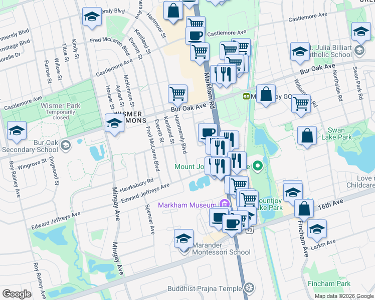 map of restaurants, bars, coffee shops, grocery stores, and more near 31 Hammersly Boulevard in Markham
