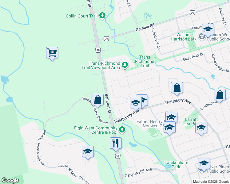 map of restaurants, bars, coffee shops, grocery stores, and more near 44 Mojave Crescent in Richmond Hill