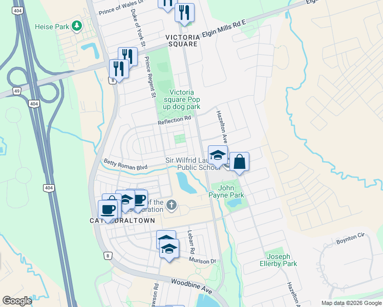 map of restaurants, bars, coffee shops, grocery stores, and more near 9 Bonheur Road in Markham