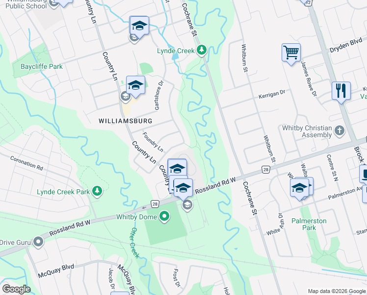 map of restaurants, bars, coffee shops, grocery stores, and more near 37 Wetherburn Drive in Whitby