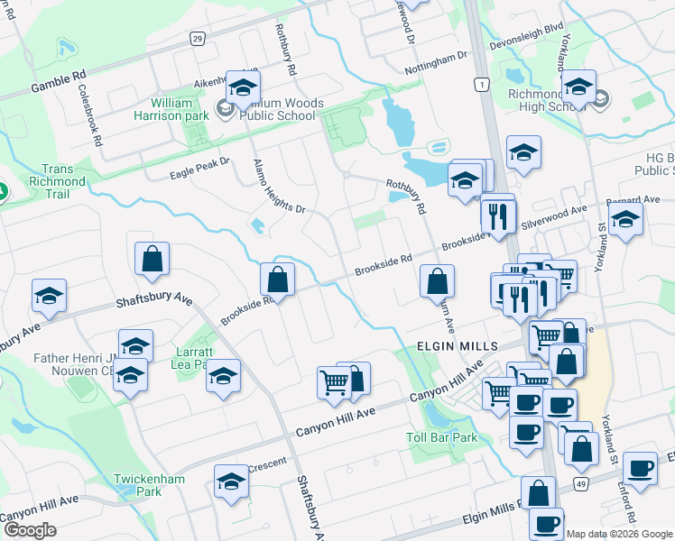 map of restaurants, bars, coffee shops, grocery stores, and more near 160 Alamo Heights Drive in Richmond Hill