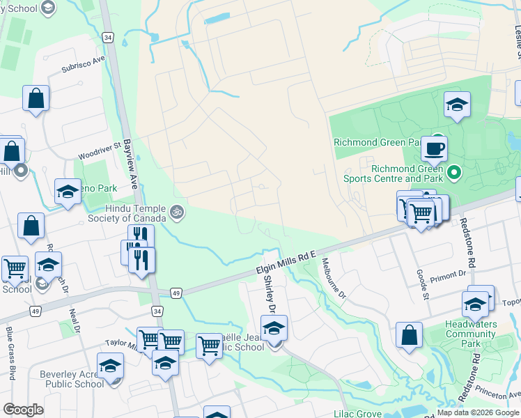 map of restaurants, bars, coffee shops, grocery stores, and more near 11 David Eyer Road in Richmond Hill