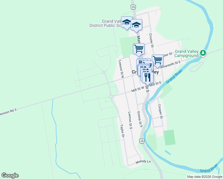 map of restaurants, bars, coffee shops, grocery stores, and more near 7 Taylor Drive in Dufferin County