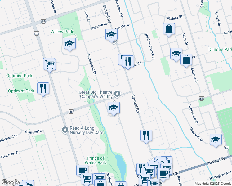 map of restaurants, bars, coffee shops, grocery stores, and more near 1852 Manning Road in Whitby