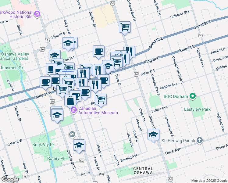 map of restaurants, bars, coffee shops, grocery stores, and more near 62 Harold Street in Oshawa