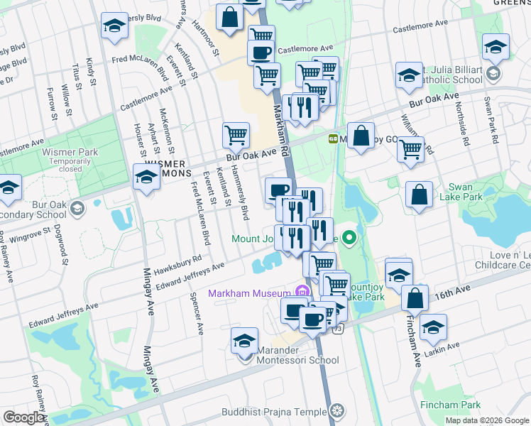 map of restaurants, bars, coffee shops, grocery stores, and more near 50 Battista Perri Drive in Markham