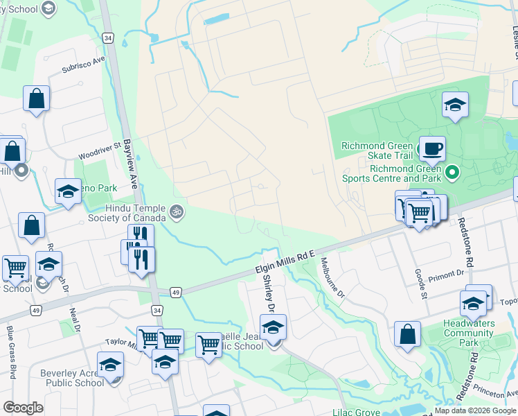 map of restaurants, bars, coffee shops, grocery stores, and more near 14 David Eyer Road in Richmond Hill