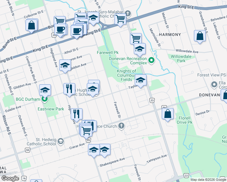 map of restaurants, bars, coffee shops, grocery stores, and more near 688 Taylor Avenue in Oshawa