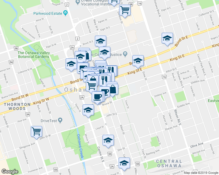 map of restaurants, bars, coffee shops, grocery stores, and more near 60 Athol Street East in Oshawa