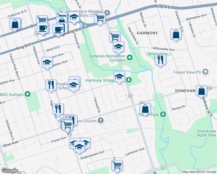 map of restaurants, bars, coffee shops, grocery stores, and more near 247 Linden Street in Oshawa