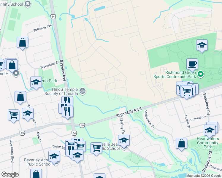 map of restaurants, bars, coffee shops, grocery stores, and more near 10 Walder Lane in Richmond Hill