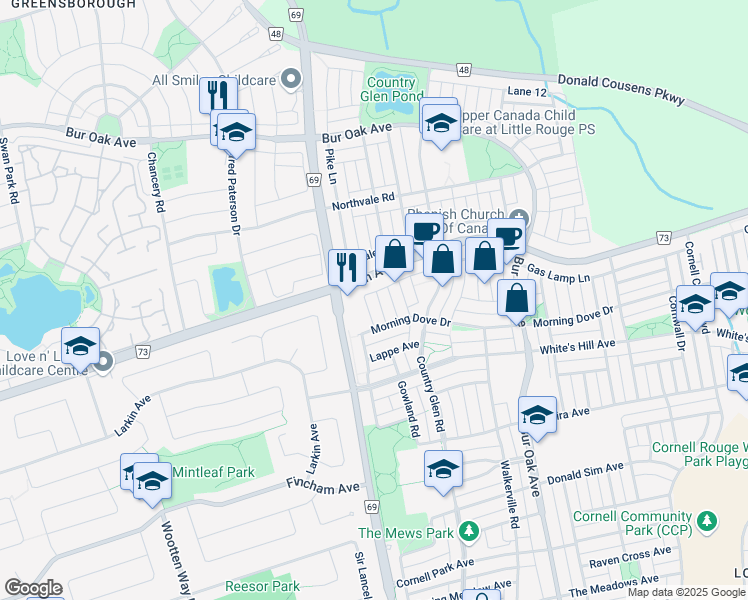 map of restaurants, bars, coffee shops, grocery stores, and more near 24 Capogna Street in Markham