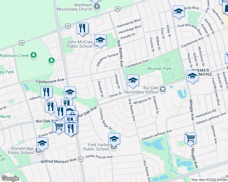 map of restaurants, bars, coffee shops, grocery stores, and more near 7 Vecchia Street in Markham