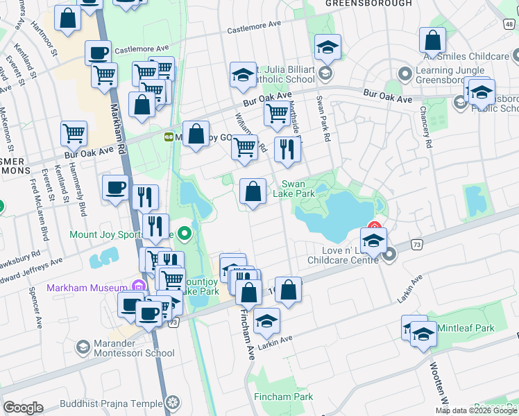 map of restaurants, bars, coffee shops, grocery stores, and more near 141 Maple Ridge Crescent in Markham