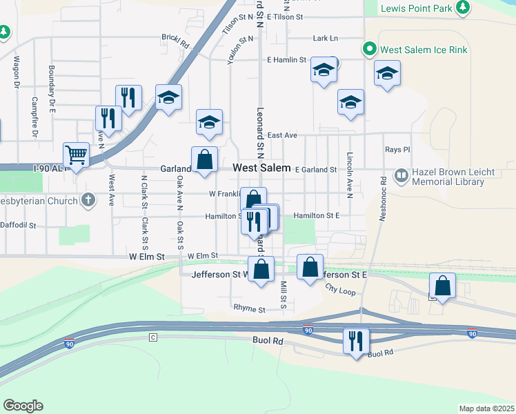 map of restaurants, bars, coffee shops, grocery stores, and more near 114 Leonard Street North in West Salem