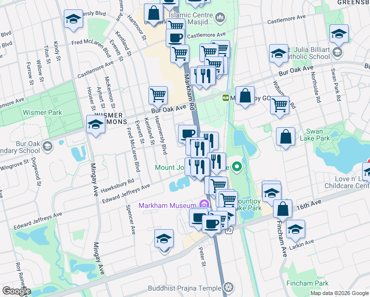 map of restaurants, bars, coffee shops, grocery stores, and more near 34 Battista Perri Drive in Markham