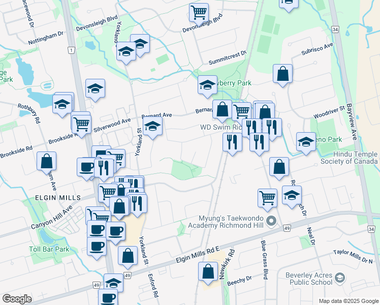 map of restaurants, bars, coffee shops, grocery stores, and more near 6 Shilo Court in Richmond Hill