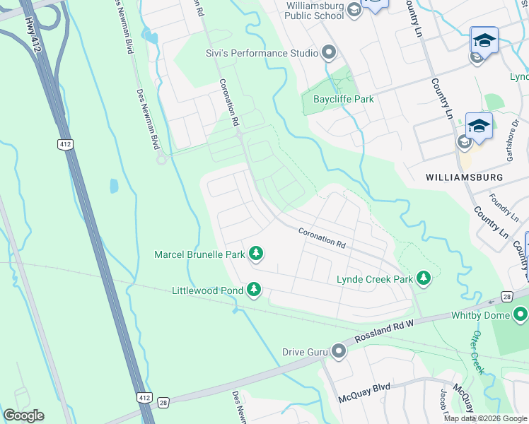 map of restaurants, bars, coffee shops, grocery stores, and more near 3000-3998 Coronation Road in Whitby