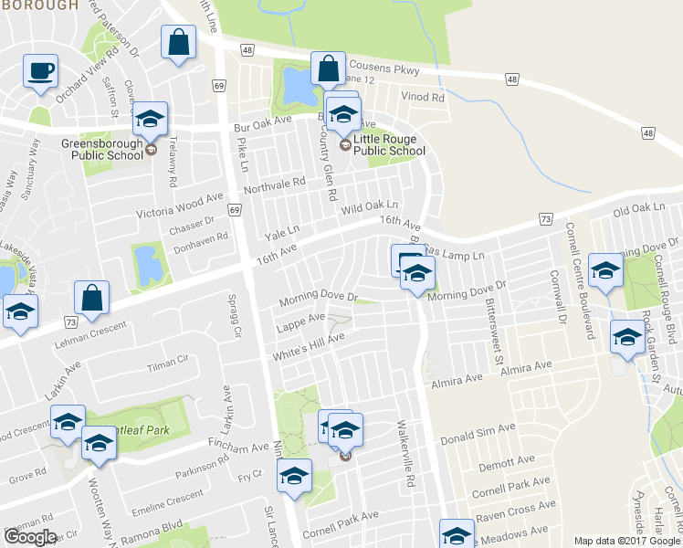 map of restaurants, bars, coffee shops, grocery stores, and more near 363 Country Glen Road in Markham