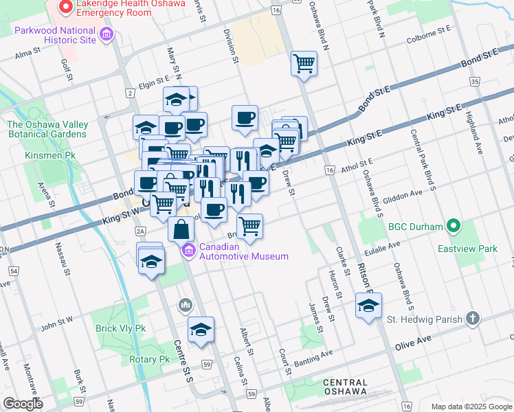 map of restaurants, bars, coffee shops, grocery stores, and more near 61 Charles Street in Oshawa