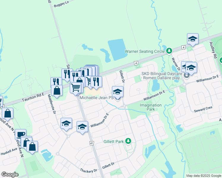 map of restaurants, bars, coffee shops, grocery stores, and more near 5 Watersplace Avenue in Ajax