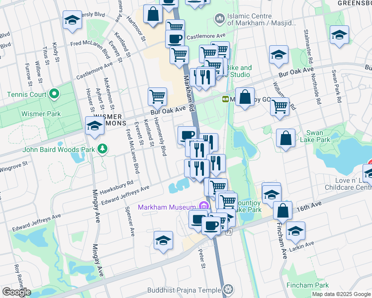 map of restaurants, bars, coffee shops, grocery stores, and more near 30 Battista Perri Drive in Markham