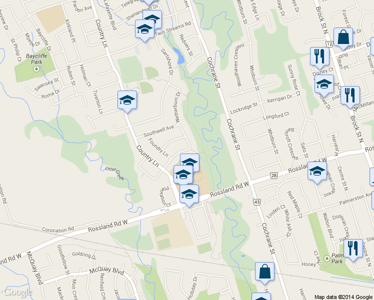 map of restaurants, bars, coffee shops, grocery stores, and more near 27 Wetherburn Drive in Whitby