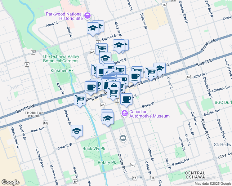 map of restaurants, bars, coffee shops, grocery stores, and more near 3 Simcoe Street South in Oshawa
