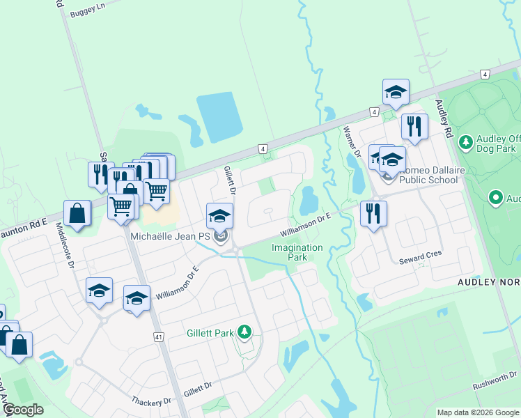 map of restaurants, bars, coffee shops, grocery stores, and more near 8 Speight Court in Ajax