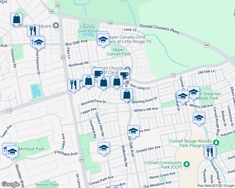 map of restaurants, bars, coffee shops, grocery stores, and more near 2 Peony Street in Markham