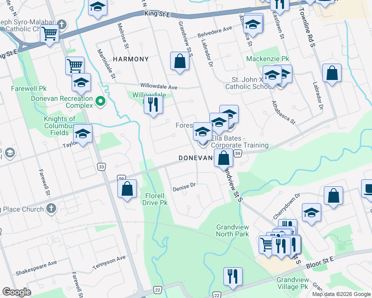map of restaurants, bars, coffee shops, grocery stores, and more near 378 Lorindale Drive in Oshawa