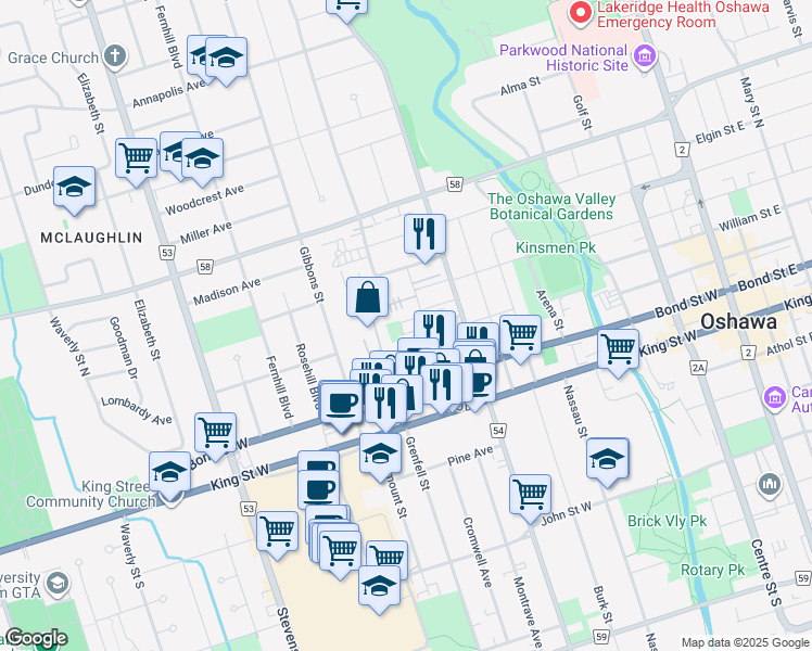 map of restaurants, bars, coffee shops, grocery stores, and more near 326 Saguenay Avenue in Oshawa