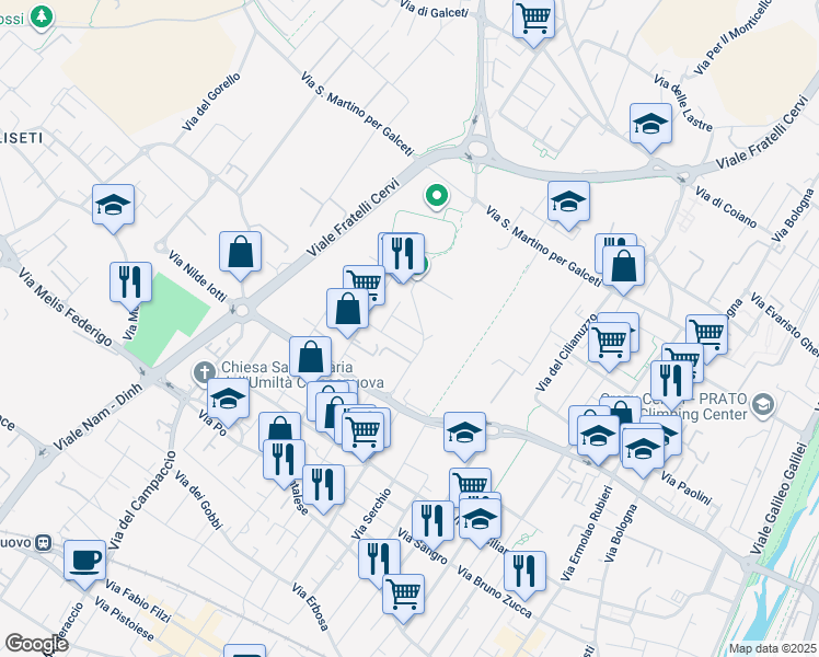 map of restaurants, bars, coffee shops, grocery stores, and more near 11 Via Tanaro in Prato