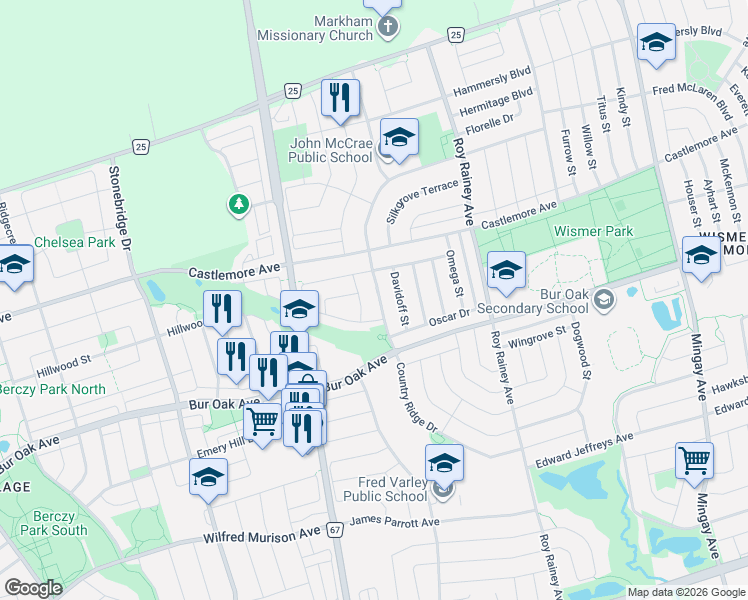 map of restaurants, bars, coffee shops, grocery stores, and more near 645 Fred McLaren Boulevard in Markham