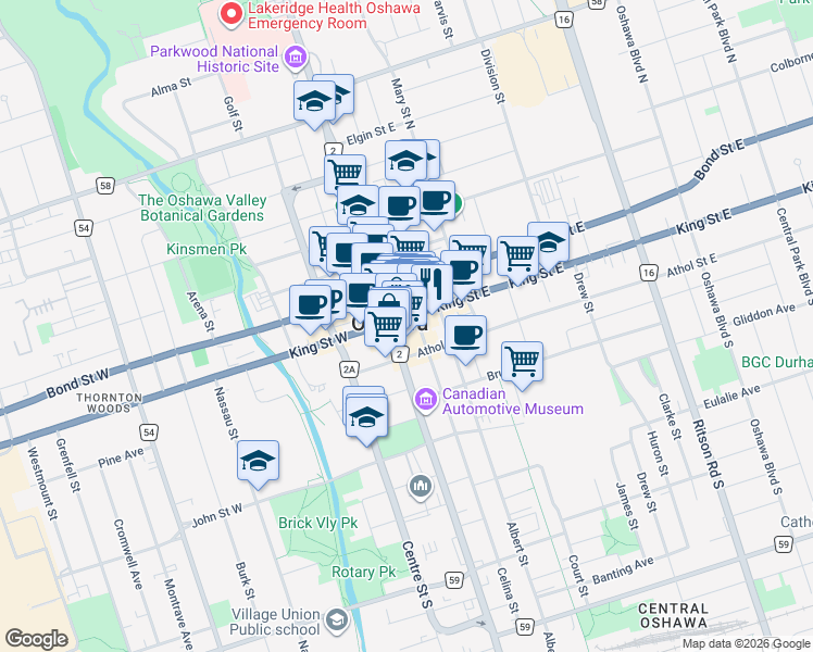 map of restaurants, bars, coffee shops, grocery stores, and more near 17 King Street East in Oshawa