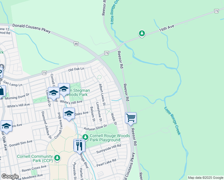 map of restaurants, bars, coffee shops, grocery stores, and more near 16 Rossmore Drive in Markham