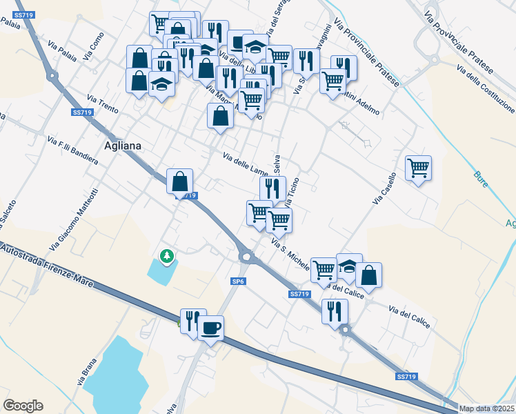 map of restaurants, bars, coffee shops, grocery stores, and more near 10 Via Don Giovanni Bosco in Agliana