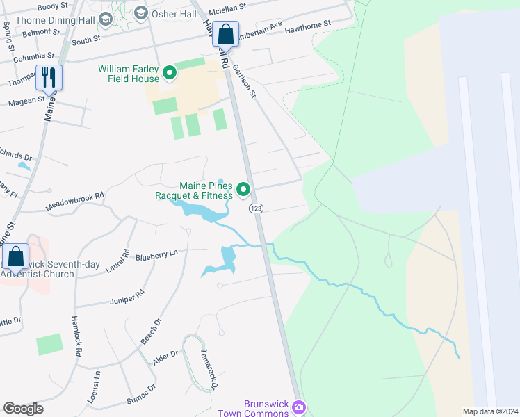 map of restaurants, bars, coffee shops, grocery stores, and more near 1 Bickford Avenue in Brunswick