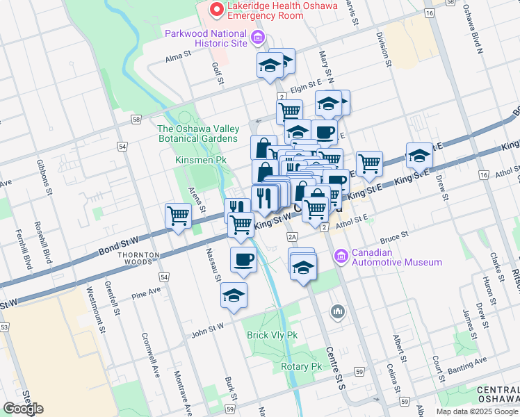 map of restaurants, bars, coffee shops, grocery stores, and more near 85 Bond Street West in Oshawa