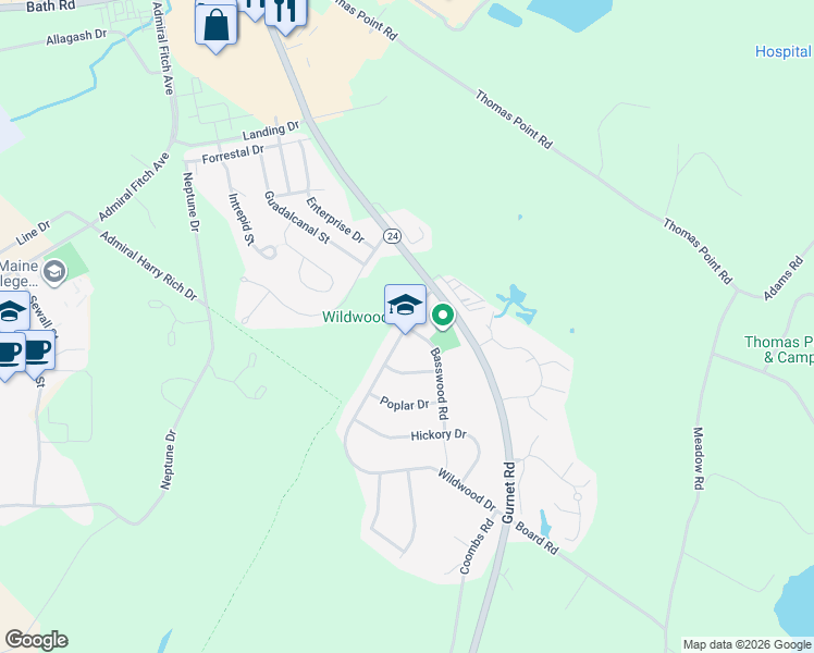 map of restaurants, bars, coffee shops, grocery stores, and more near 61 Wildwood Drive in Brunswick